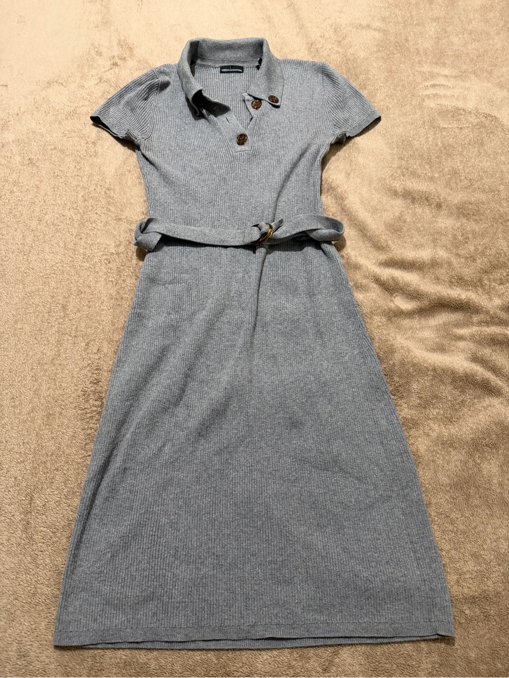 Moda International Grey Ribbed Polo Midi Dress with Belt